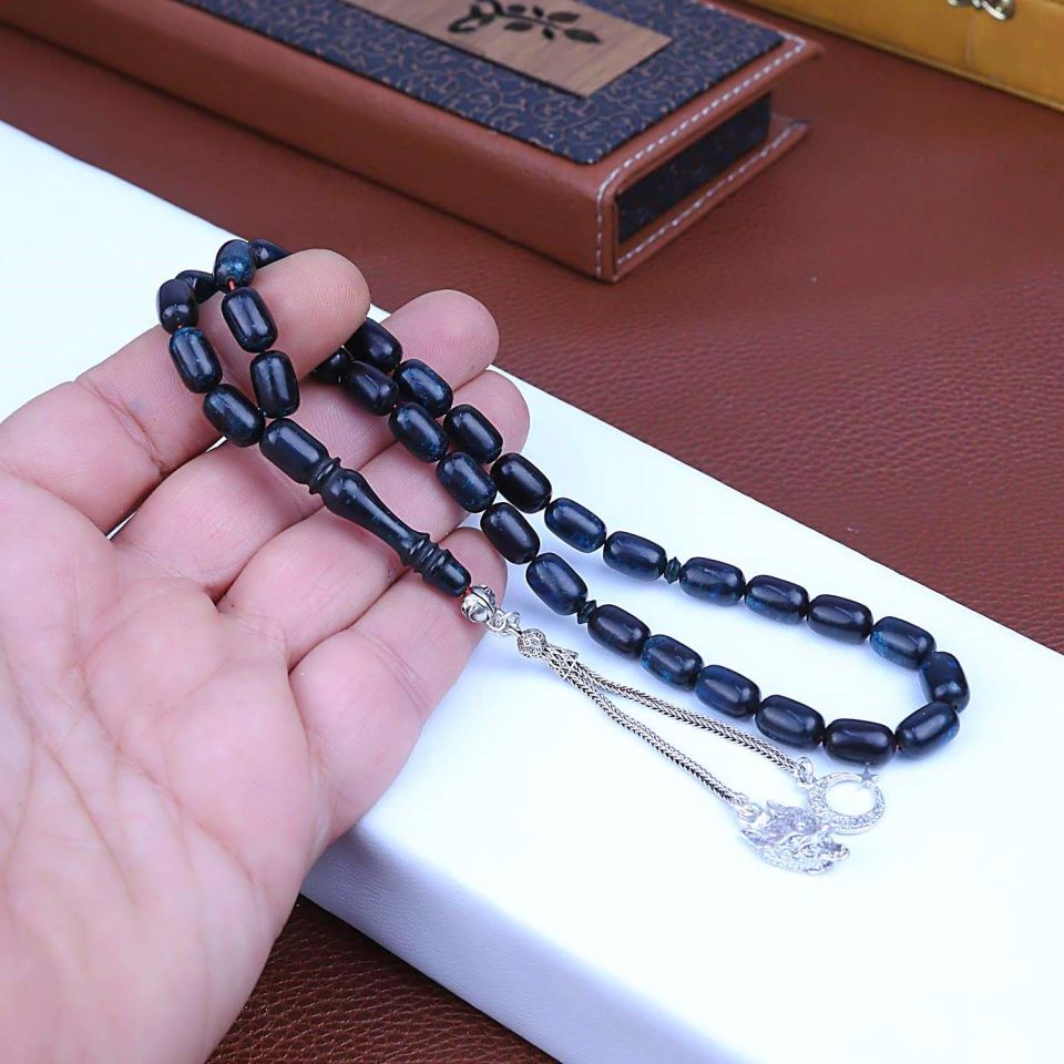 ATEŞ KEHRİBAR  GÜMÜŞ PÜSKÜLLÜ TASARIM TESPİH