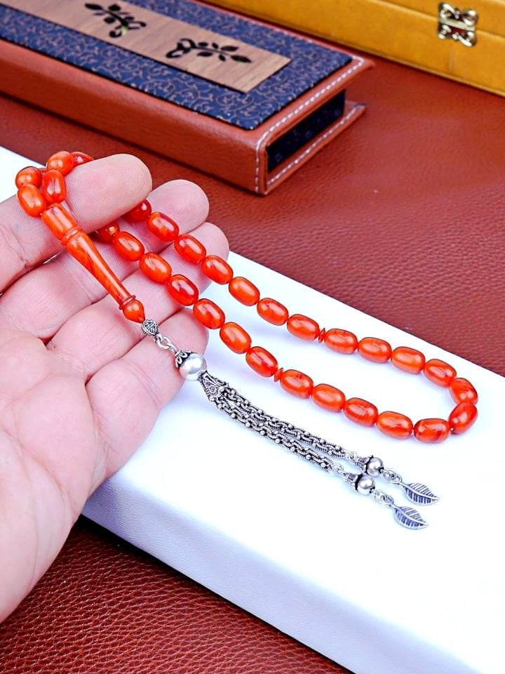 ATEŞ KEHRİBAR  GÜMÜŞ PÜSKÜLLÜ TASARIM TESPİH