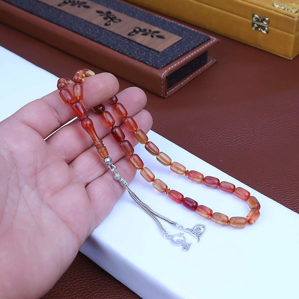 ATEŞ KEHRİBAR  GÜMÜŞ PÜSKÜLLÜ TASARIM TESPİH