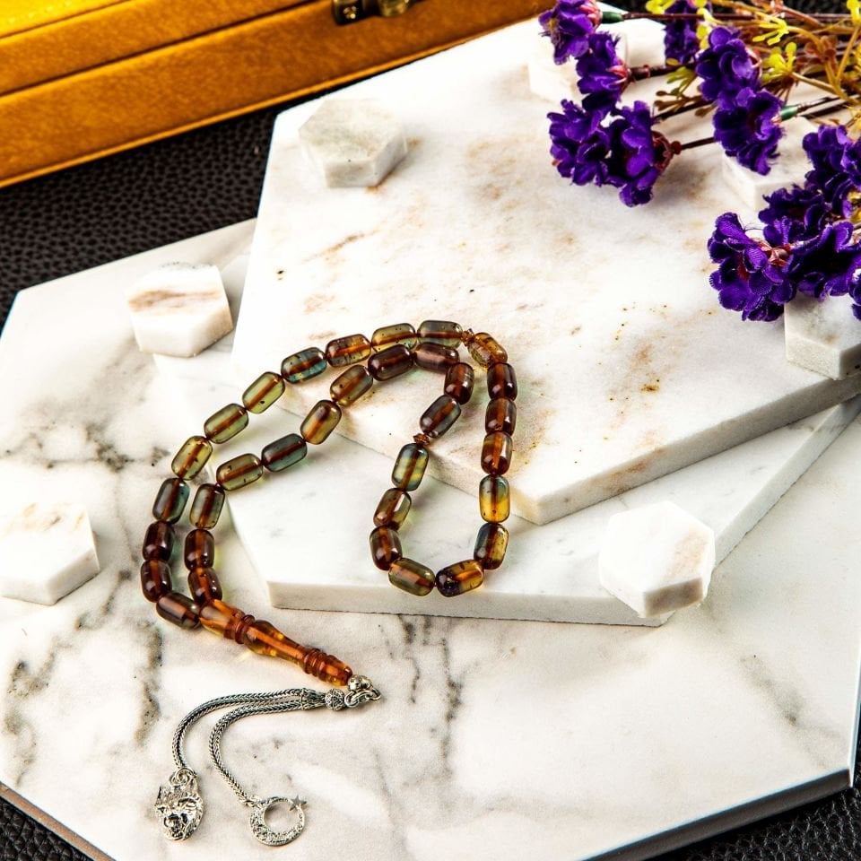 ATEŞ KEHRİBAR  GÜMÜŞ PÜSKÜLLÜ TASARIM TESPİH