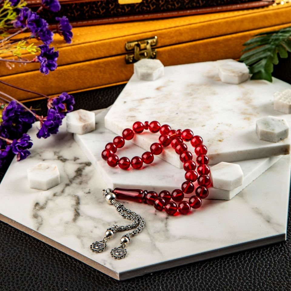 ATEŞ KEHRİBAR  GÜMÜŞ PÜSKÜLLÜ TASARIM TESPİH