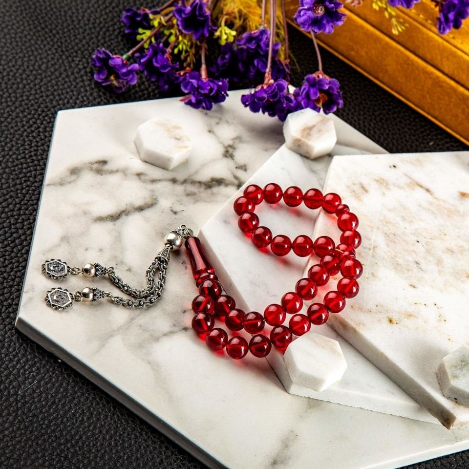 ATEŞ KEHRİBAR  GÜMÜŞ PÜSKÜLLÜ TASARIM TESPİH