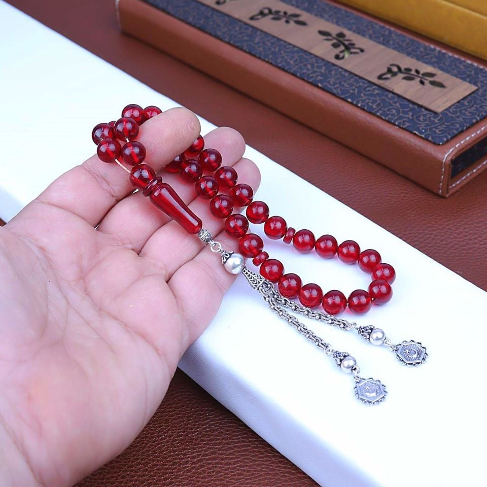 ATEŞ KEHRİBAR  GÜMÜŞ PÜSKÜLLÜ TASARIM TESPİH