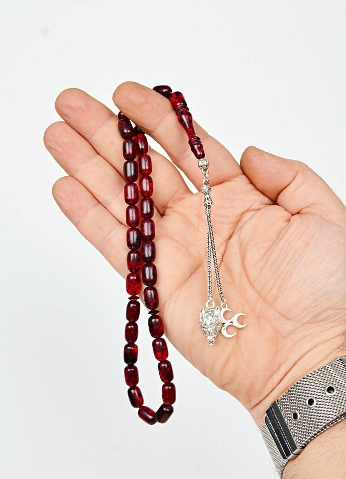 ATEŞ KEHRİBAR  GÜMÜŞ PÜSKÜLLÜ TASARIM TESPİH